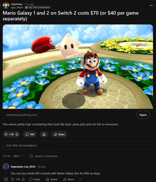 Dibattito sui prezzi di Super Mario Galaxy e Super Mario Galaxy 2 Switch (Fonte immagine: screenshot, Iggy_Slayer@Gaming subreddit)
