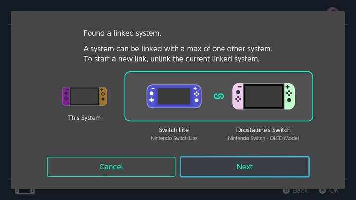 Schermata di Nintendo Switch che visualizza l'avviso che una console può essere collegata al massimo con un'altra console per la condivisione della scheda di gioco virtuale, richiedendo all'utente di scollegare la console attualmente collegata per avviare un nuovo collegamento.