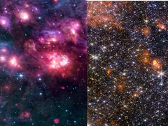 Un collage delle immagini MIRI e NIRCam di Sagittarius B2 (Fonte dell&#039;immagine: diverse - vedere le fonti; modificato)