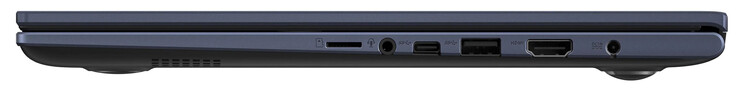 Lato destro: Lettore di schede di memoria (MicroSD), combo audio, USB 3.2 Gen 1 (USB-C), USB 3.2 Gen 1 (USB-A), HDMI, connettore di alimentazione