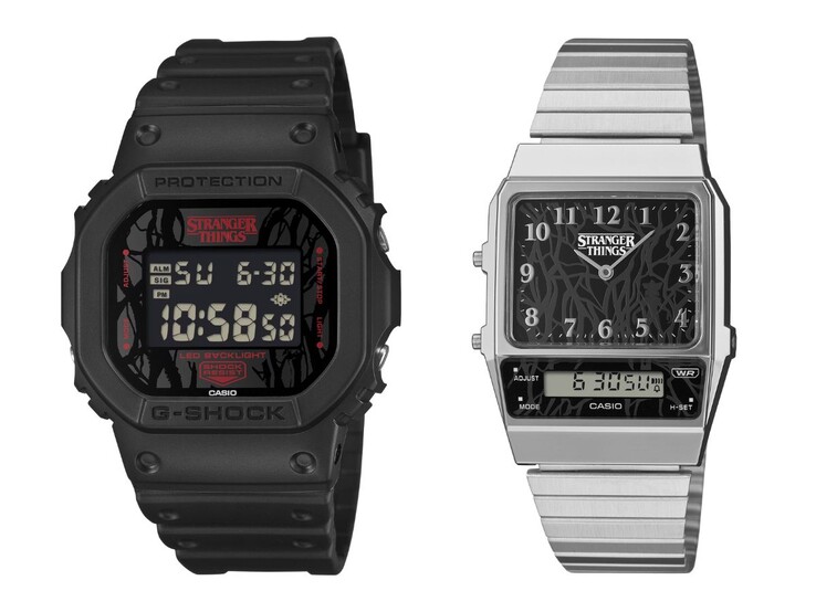 Gli orologi della collaborazione Casio Stranger Things, il DW-5600STT-1 (a sinistra) e l'AQ-800EST-1A (a destra). (Fonte immagine: Casio, a cura)