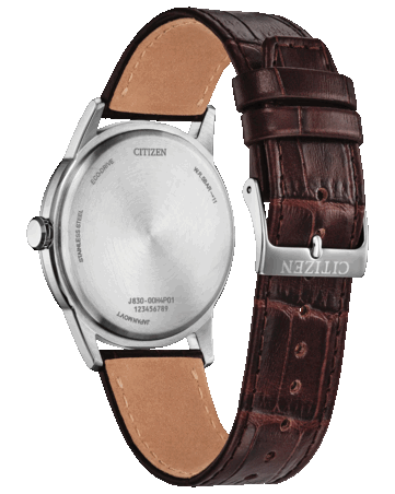 Vista posteriore del Citizen Rolan AW2110-14Z, che mostra il fondello in acciaio inossidabile e il cinturino in pelle marrone con fibbia firmata.