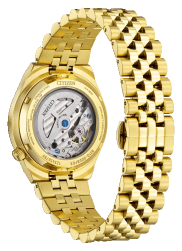 Fondello trasparente del Citizen Tsuyosa 60 che mette in mostra il movimento automatico di manifattura Calibro 8310 e la cassa in acciaio inossidabile color oro.
