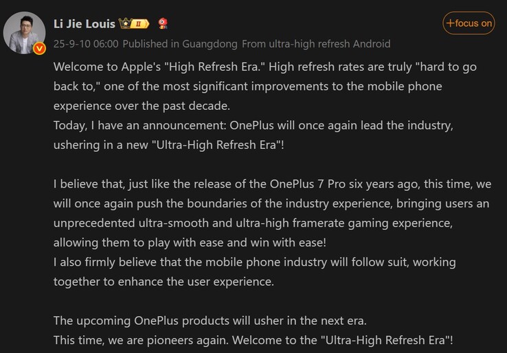 Il post di Li Jie sul prossimo telefono OnePlus (Fonte immagine: Weibo - traduzione automatica)