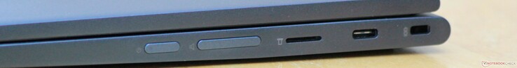 Destra: Power/sleep, volume, slot schede microSD, USB 3.1 Gen 1 Type-C (w/ power), Kensington lock