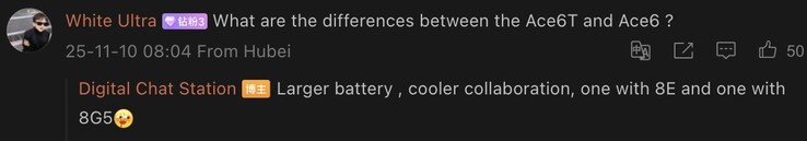 Tipster confronta il OnePlus Ace 6 vaniglia con il presunto Ace 6T. (Fonte immagine: Weibo - traduzione automatica)