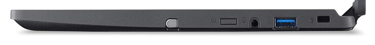 Lato destro: penna d'ingresso, pulsante di accensione, porta combo audio, USB 3.2 Gen 1 (tipo A), slot per il blocco dei cavi