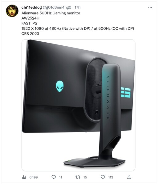 Rumor sul monitor Alienware da 500 Hz. (Fonte immagine: @g01d3nm4ng0)