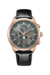 Orologio Citizen BY1033-01H Eco-Drive con fasi lunari, dotato di quadrante grigio antracite, cassa in acciaio inossidabile color oro rosa, cinturino in pelle nera, indicatore analogico delle fasi lunari, doppio quadrante ausiliario e datario.