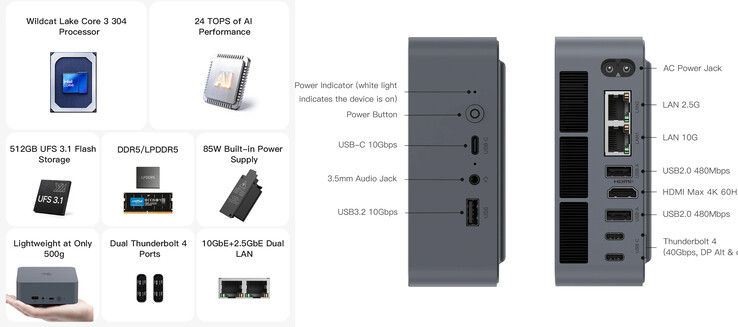 Caratteristiche principali e porte del mini PC EQi Intel Wildcat Lake