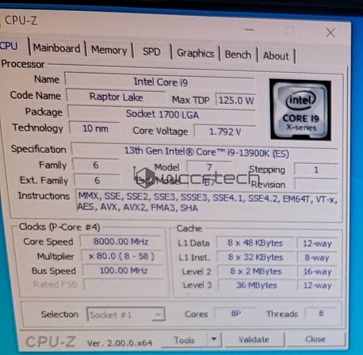 Intel Core i9-13900K CPU-Z (immagine via Wccftech)