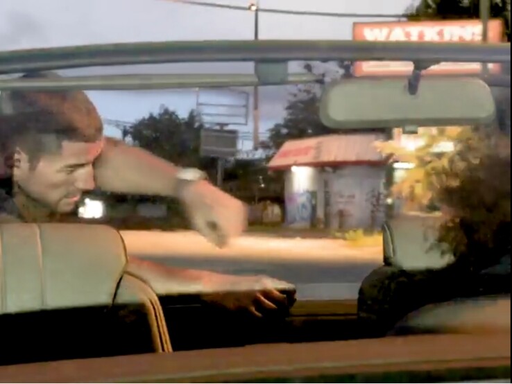 In questo screenshot del secondo trailer di GTA 6, il lampione sullo sfondo sembra fluttuare nell'aria. 