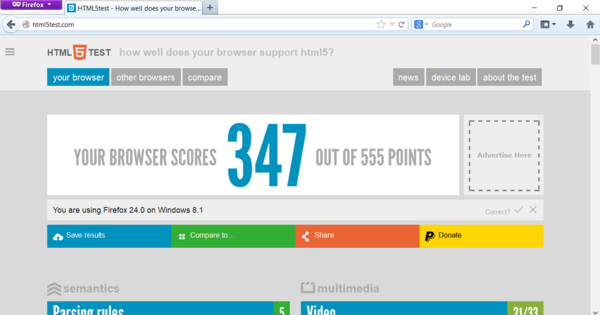 Visita di html5test.com tramite Firefox 24 su Windows 10 (Fonte immagine: Screen grab)