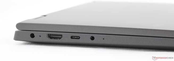 A sinistra: adattatore AC, HDMI 1.4b, USB-C 3.1 Gen. 1 w/ Power Delivery (No DisplayPort), 3.5 mm combo audio
