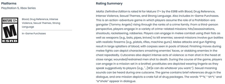 Classificazione ESRB per la versione per PS5 e Xbox Series X | S di Mafia Definitive Edition. 