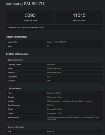 Punteggio Geekbench di Snapdragon 8 Elite 2 (fonte: Geekbench)