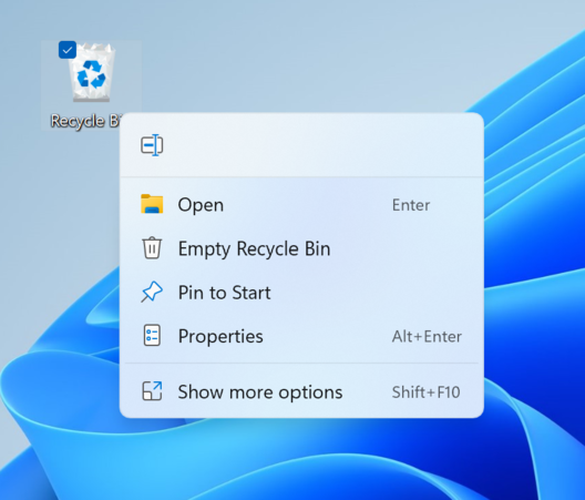 Nuovo moderno menu contestuale quando si fa clic con il tasto destro del mouse su Recycle Bin sul desktop. (Fonte immagine: Microsoft)