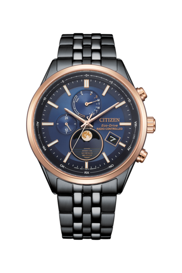 Orologio Citizen BY1036-53L Eco-Drive con fasi lunari, quadrante blu, cassa e bracciale in acciaio inossidabile nero, lunetta color oro rosa, indicatore analogico delle fasi lunari, doppio quadrante ausiliario e datario.
