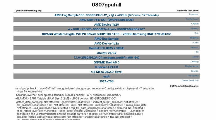 Specifiche del sistema di test AMD Gainsborough elencate su OpenBenchmarking