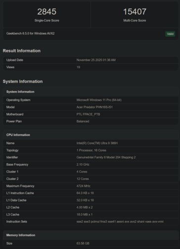 Intel Core Ultra 9 368H Geekbench (fonte: Geekbench)