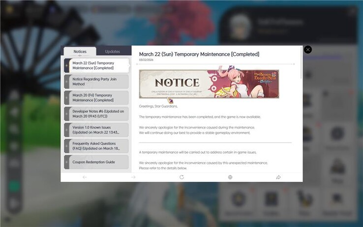 Avviso di gioco del 22 marzo che conferma una correzione del suono e altri bug in The Seven Deadly Sins: Origin.