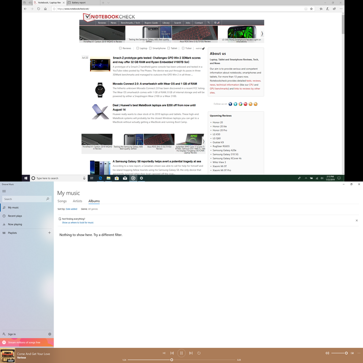 Screenshot della configurazione a doppio monitor con ScreenPad abilitato. Poiché lo ScreenPad (in basso) ha una risoluzione nativa più alta rispetto al display principale (in alto), in realtà è più grande per Windows. Sarebbe stato più pratico per Asus progettare un 16:9 108