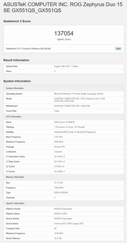 Asus ROG Zephyrus Duo 15 SE con Ryzen 9 5980HX e RTX 3080 - Punteggio Geekbench OpenCL GPU. (Fonte: Geekbench)