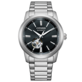 Orologio automatico Citizen NH9150-52E con quadrante nero, meccanismo a vista, cassa in acciaio inossidabile e bracciale a tre maglie satinato.