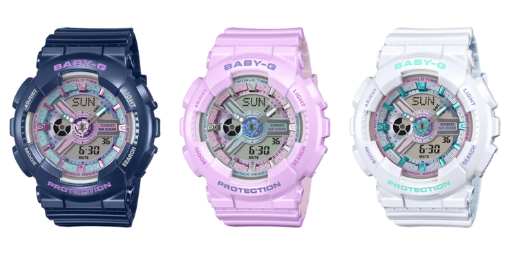 Da sinistra a destra: gli orologi Casio G-Shock Baby-G BA-110MC-2A, BA-110MC-6A e BA-110MC-7A