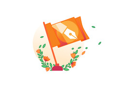 Un&#039;immagine promozionale dell&#039;iniziativa Content Independence Day di Cloudflare che mostra una bandiera arancione con il simbolo di una penna. (Fonte immagine: Cloudflare)