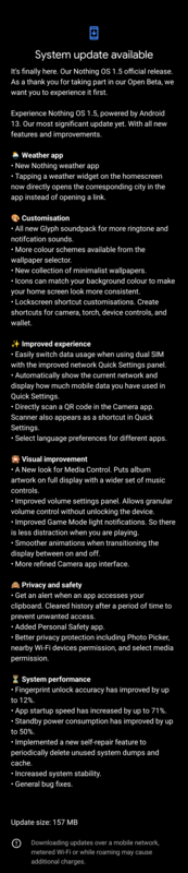 Il changelog dell'aggiornamento di Nothing OS 1.5 (immagine da Reddit)