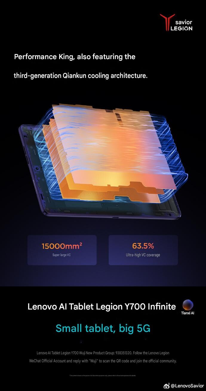Render ufficiale di Lenovo che mette in evidenza il sistema di raffreddamento Qiankun di terza generazione del Legion Y700 Infinite, dotato di una camera di vapore da 15.000 mm² con una copertura del 63,5% all’interno del compatto tablet da gioco.