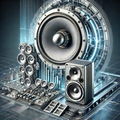 Illustrazione futuristica che combina altoparlanti tradizionali e sistemi di energia acustica diretta (Fonte: OpenAI/DALL-E)