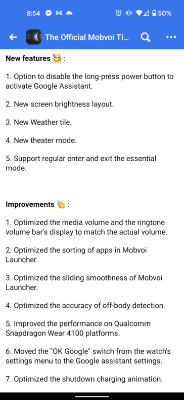TicWatch Pro 3 update changelog (immagine via Reddit)