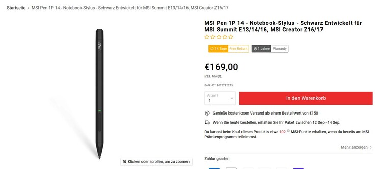 Il Pen 1P 14 di MSI costa ben 169 euro in più (screenshot del sito web di MSI)
