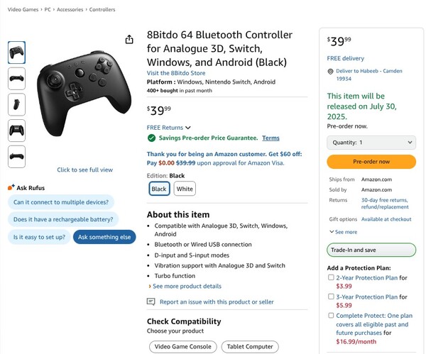 Il controller 8BitDo 64 ha ora una data di uscita prevista per luglio. (Fonte immagine: Amazon)