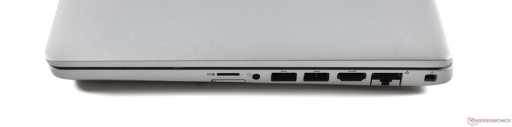 A destra: microSD, slot SIM, 2x USB-A 3.0, HDMI, RJ45 Ethernet, Noble lock