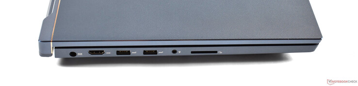A sinistra: connettore di ricarica, HDMI, 2x USB A 3.0, 3,5 mm audio, lettore di schede SD