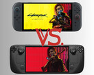 Lo Switch 2 e lo Steam Deck raffigurati con l'immagine di Cyberpunk 2077 (Fonte: Nintendo of America, Valve, Steam con modifiche)