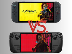 Lo Switch 2 e lo Steam Deck raffigurati con l'immagine di Cyberpunk 2077 (Fonte: Nintendo of America, Valve, Steam con modifiche)