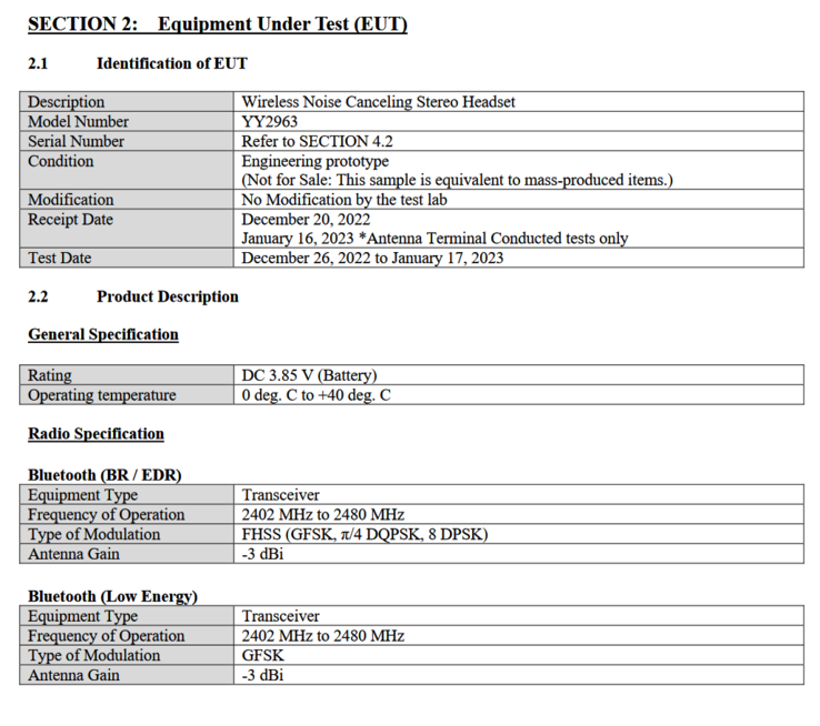 Sony WF-1000XM5: elenco FCC (immagine via FCC)