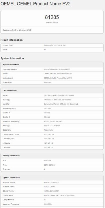 Con una GPU RTX 4060 per laptop. (Fonte: Geekbench)