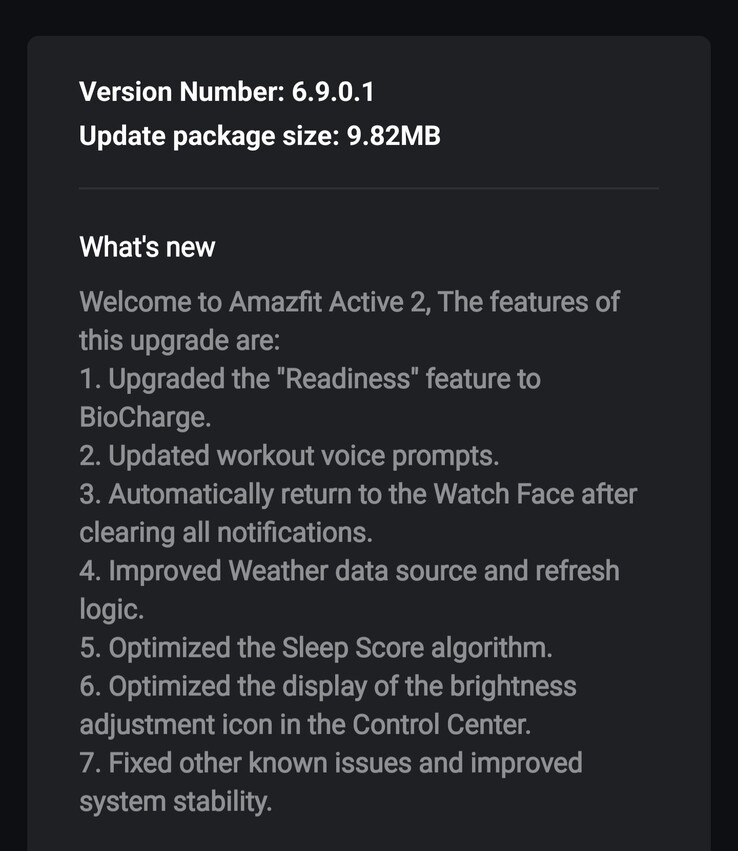Le note di rilascio della versione software 6.9.0.1 per gli smartwatch Amazfit Active 2. (Fonte immagine: forum 4PDA)