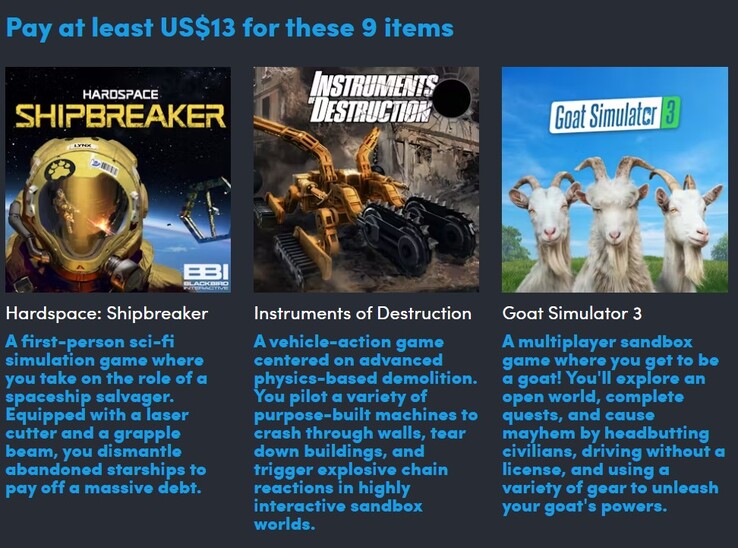 Poster e descrizioni dei giochi. Pagando 13 dollari si ottengono tutti i 9 giochi (Fonte: Humble Bundle)