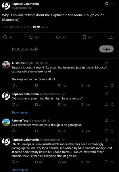 Raphael Colantonio commenta l'impatto di Xbox Game Pass sulla perdita di posti di lavoro in Microsoft (Fonte immagine: screenshot, account Raphael Colantonio X)