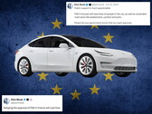 Tesla con la bandiera dell'UE e commenti da X sullo sfondo