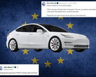 Tesla con la bandiera dell'UE e commenti da X sullo sfondo
