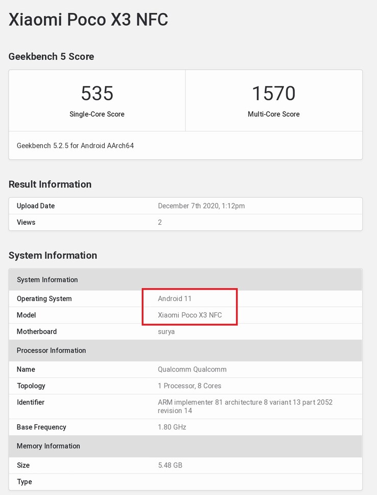 POCO X3 NFC con Android 11. (Fonte immagine: Geekbench via @yabhishekhd)