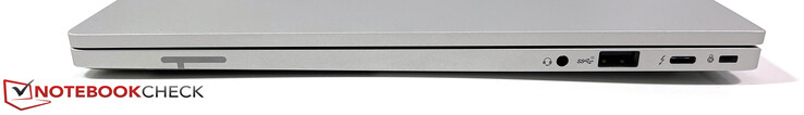 Lato destro: 3,5 mm Stereo, USB-A (3.2 Gen.2), USB-C (Thunderbolt 4, DisplayPort Alt 1.4, ricarica), Kensington NanoSaver