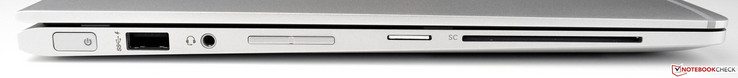 Lato sinistro: accensione, USB 3.1 Gen 1 (carica), jack stereo combinato, regolazione volume, SIM WWAN, lettore di smart-card
